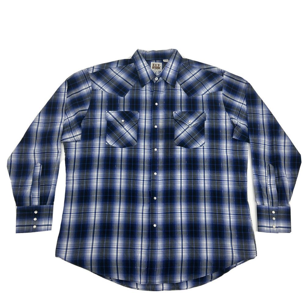 Ely Cattleman Shirt Mens‎ XL Blue White Plaid Western Pearl Snap Long Sleeve